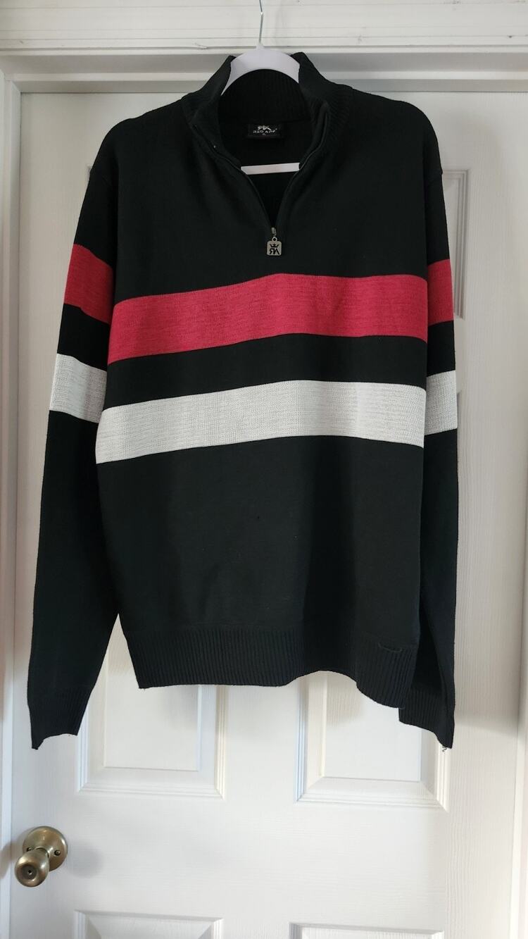 Red Ape Men's XL 1/4 Zip Pullover Sweater Black Red Gray Striped Knit #697